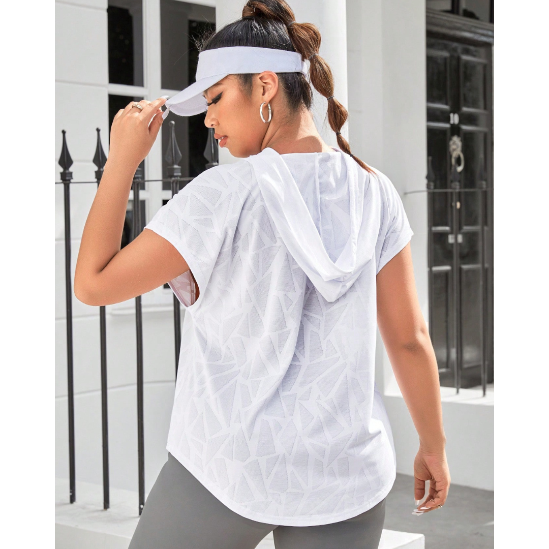 Camiseta Fitness Plus Size Com Estampa Geométrica e Capuz - Frete Grátis