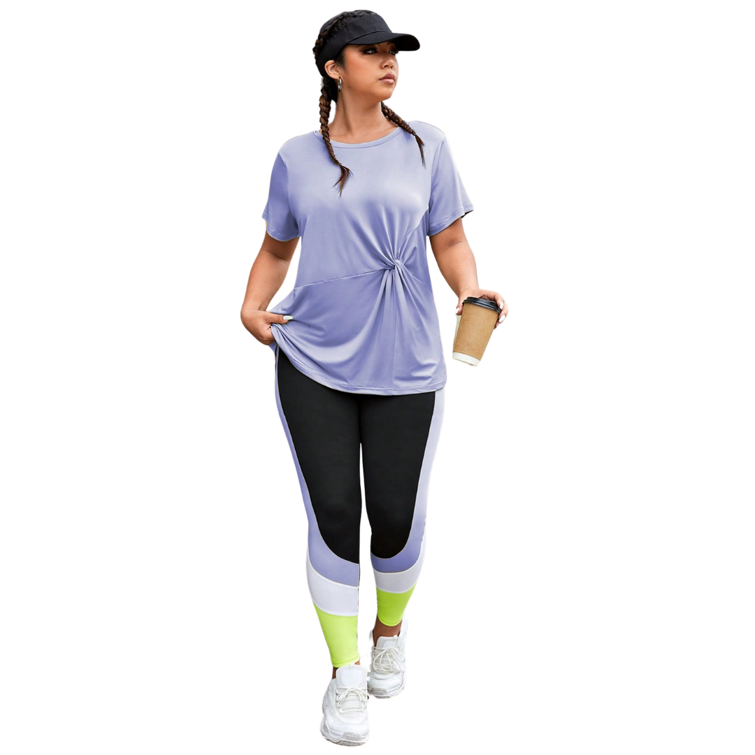 Conjunto Fitness Plus Size Camiseta Com Nó Frontal e Legging - Frete Grátis