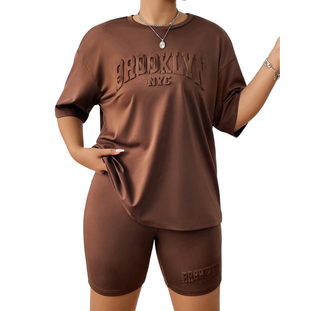 Conjunto Fitness Plus Size Camiseta Brooklyn e Shorts Biker - Frete Grátis