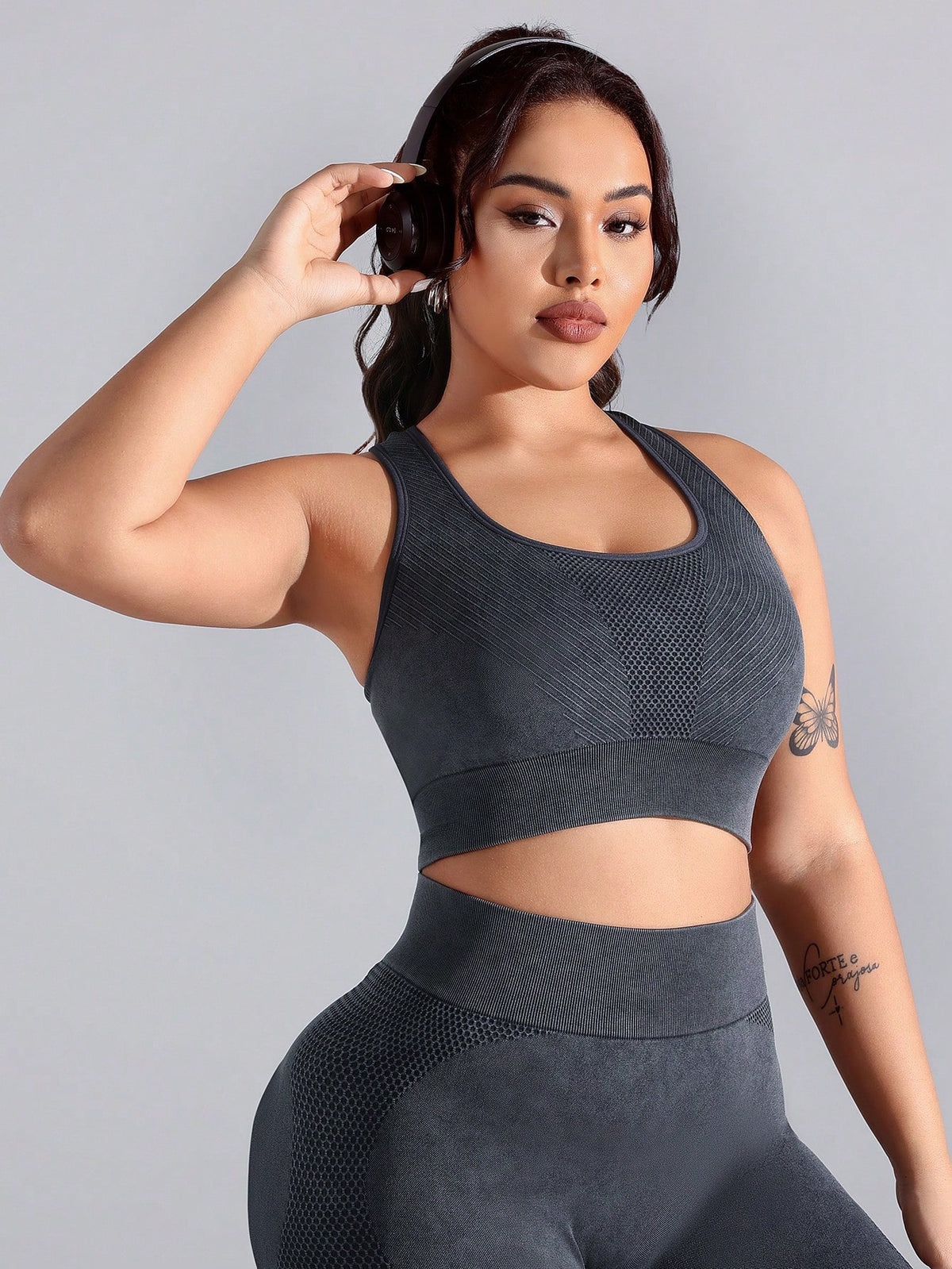 Conjunto Fitness Plus Size Top e Legging Cinza Chumbo - Frete Grátis