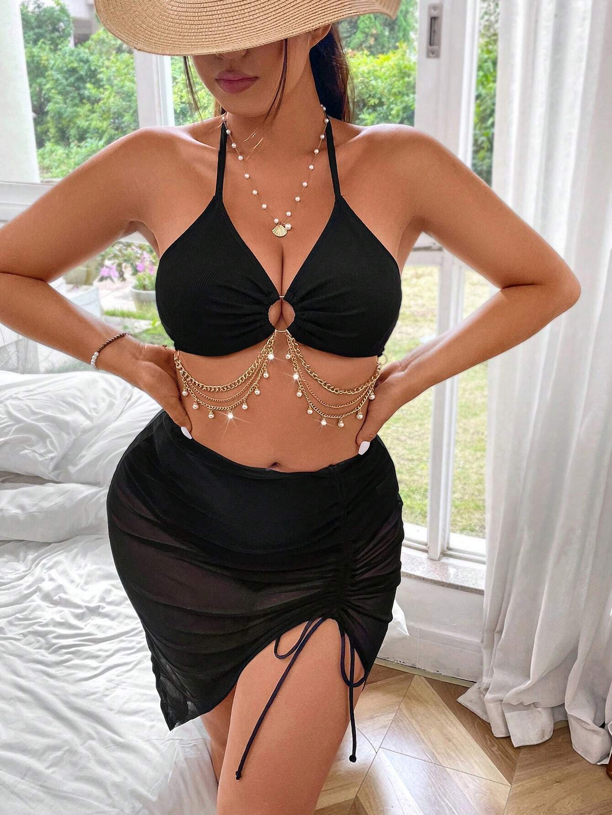 Conjunto De Biquini de 3 Peças Detalhes em Correntes Plus Size